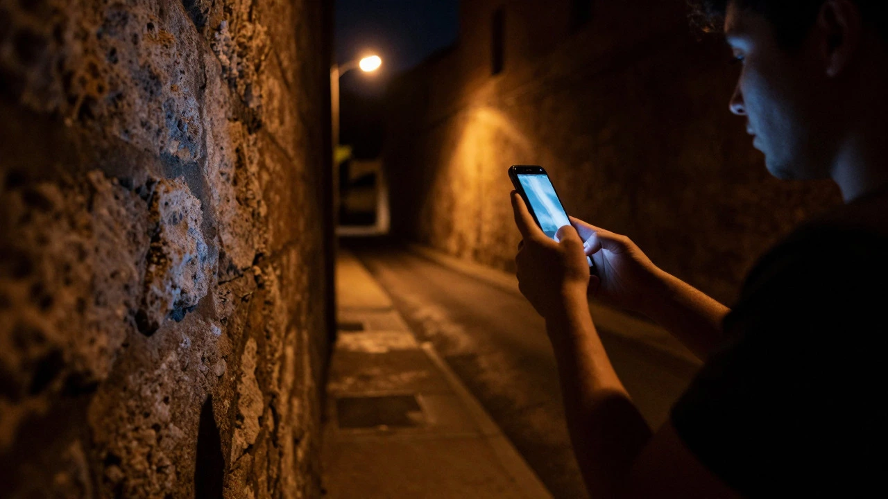 Person bracing arm against wall to hold phone steady in a dark alley