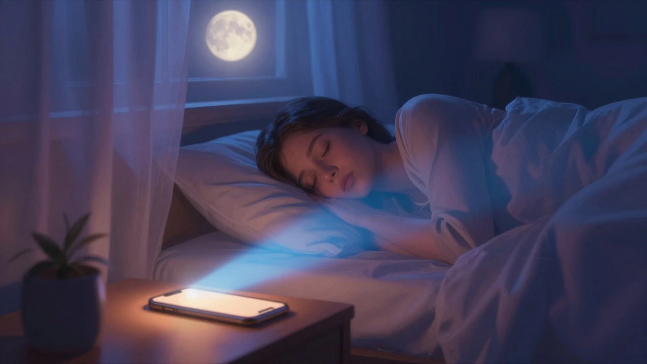 Person sleeping with warm amber phone light reducing blue exposure