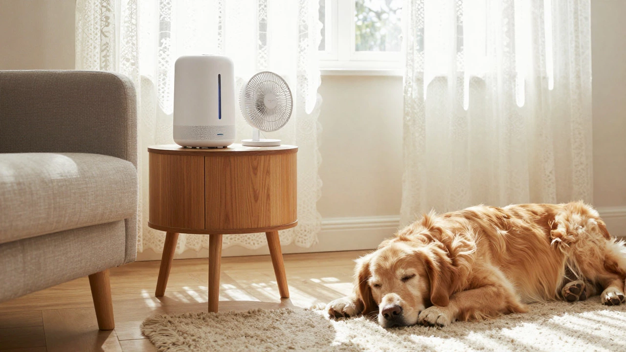 Relaxed dog in calm home with white noise machine nearby