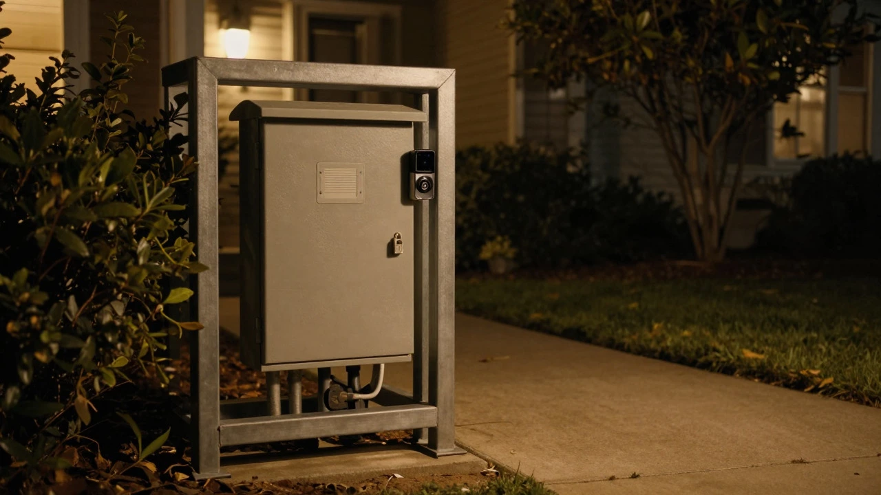 Secure home entrance with protected utility box and lit pathway at night