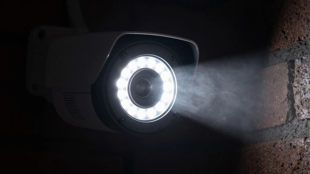 Security camera lens emitting bright infrared light in the dark