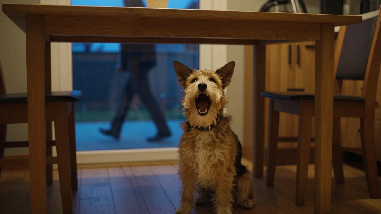Small terrier barking under a kitchen table, drawing neighbor's attention