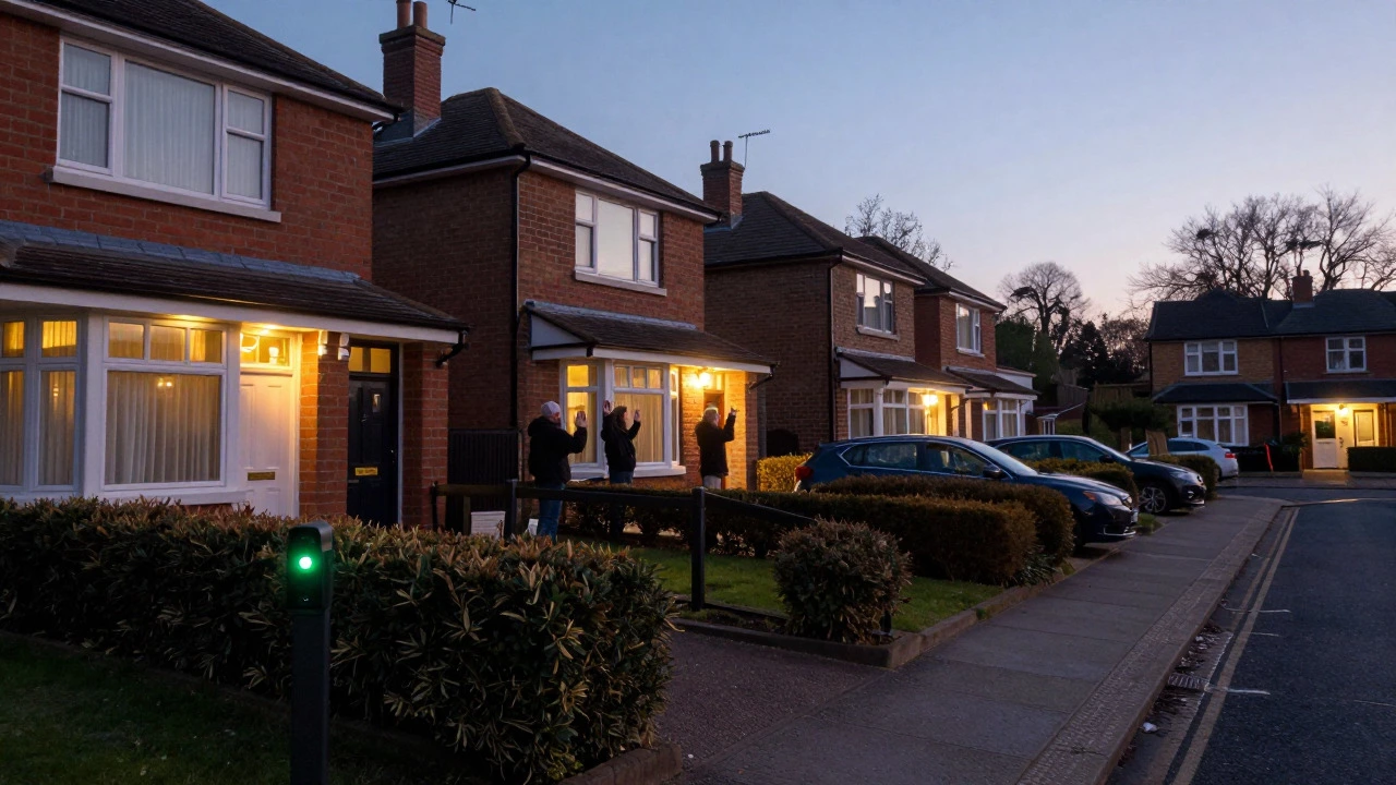 Suburban street with active security lights, engaged neighbors, and parked cars