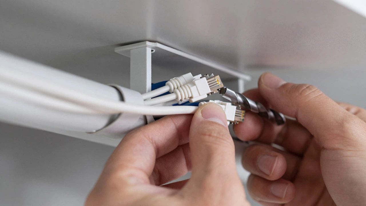 Technician hands organizing ethernet cables along a ceiling