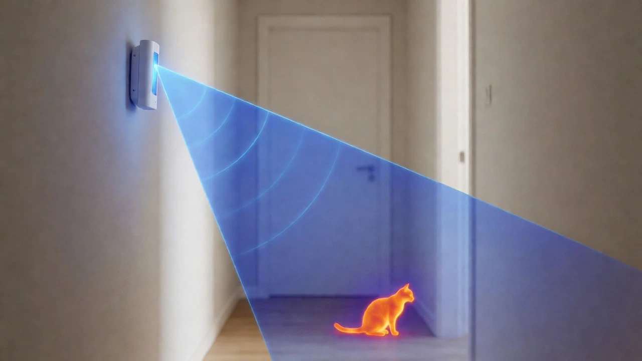 Thermal visualization showing a sensor ignoring a cat's heat signature at floor level