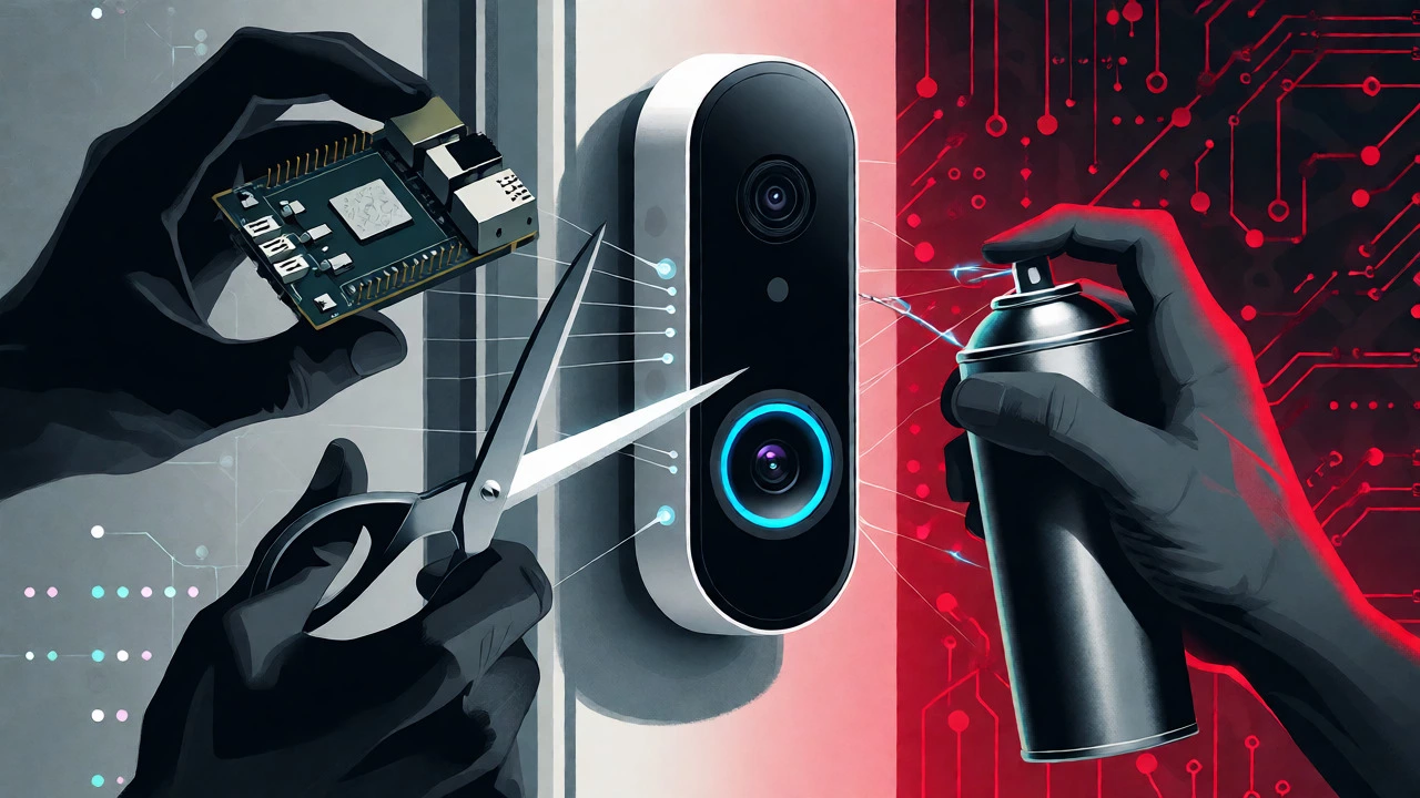 Abstract illustration of hackers disabling a smart doorbell