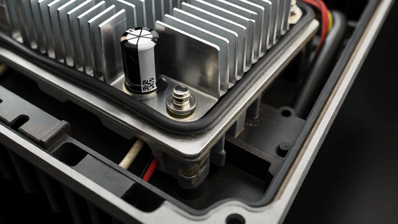 Close-up macro view of LED floodlight internal components including heat sinks and driver electronics.