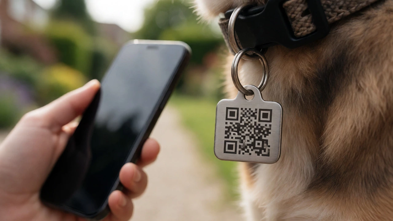 Close-up of a dog's collar with a Ring Pet Tag being scanned