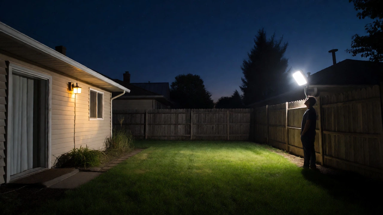 Comparison of dim old versus bright new LED security lights illuminating a backyard at night.