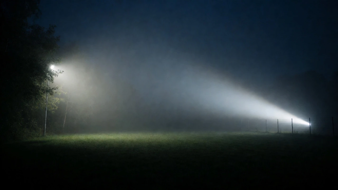 Comparison of wide floodlight versus narrow long-throw spotlight at night