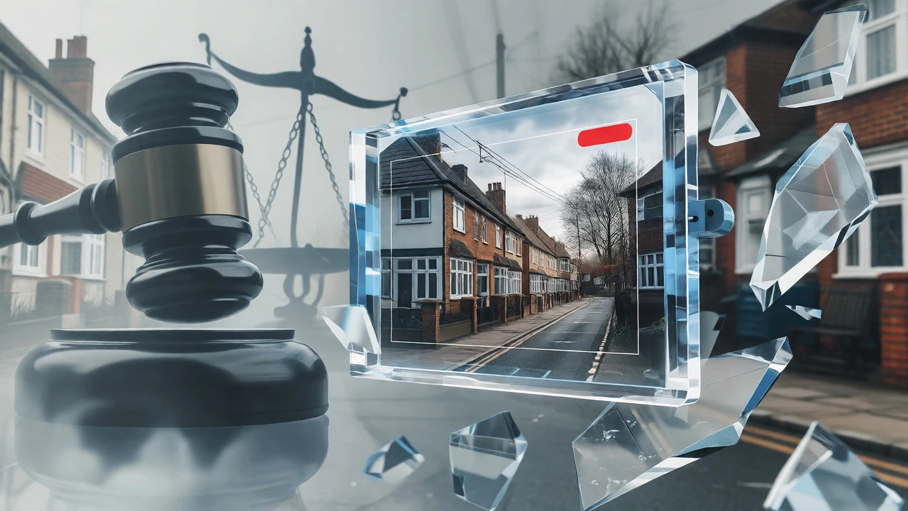 Conceptual art showing security footage amidst legal symbols and privacy shards