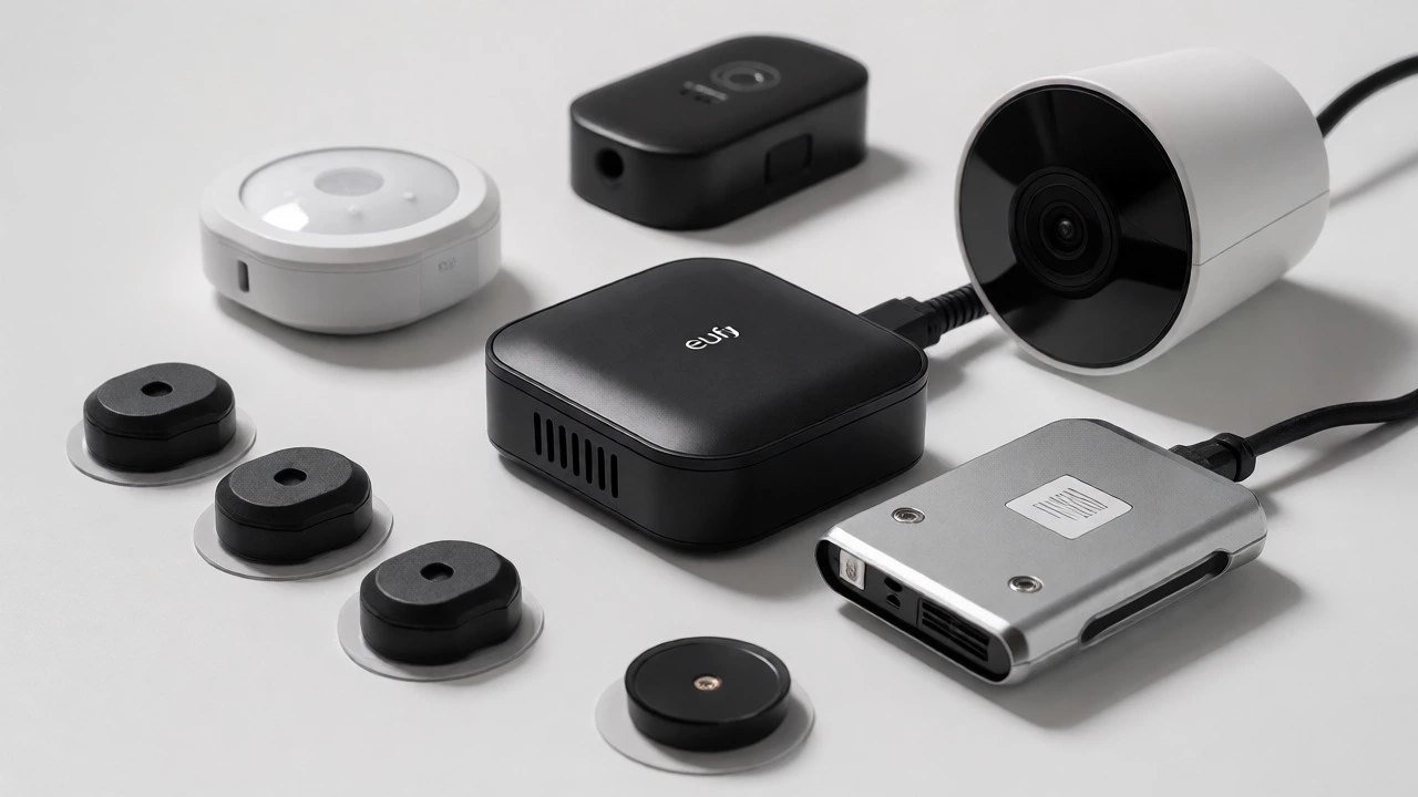 DIY home security kit with hub, sensors, and camera on white surface