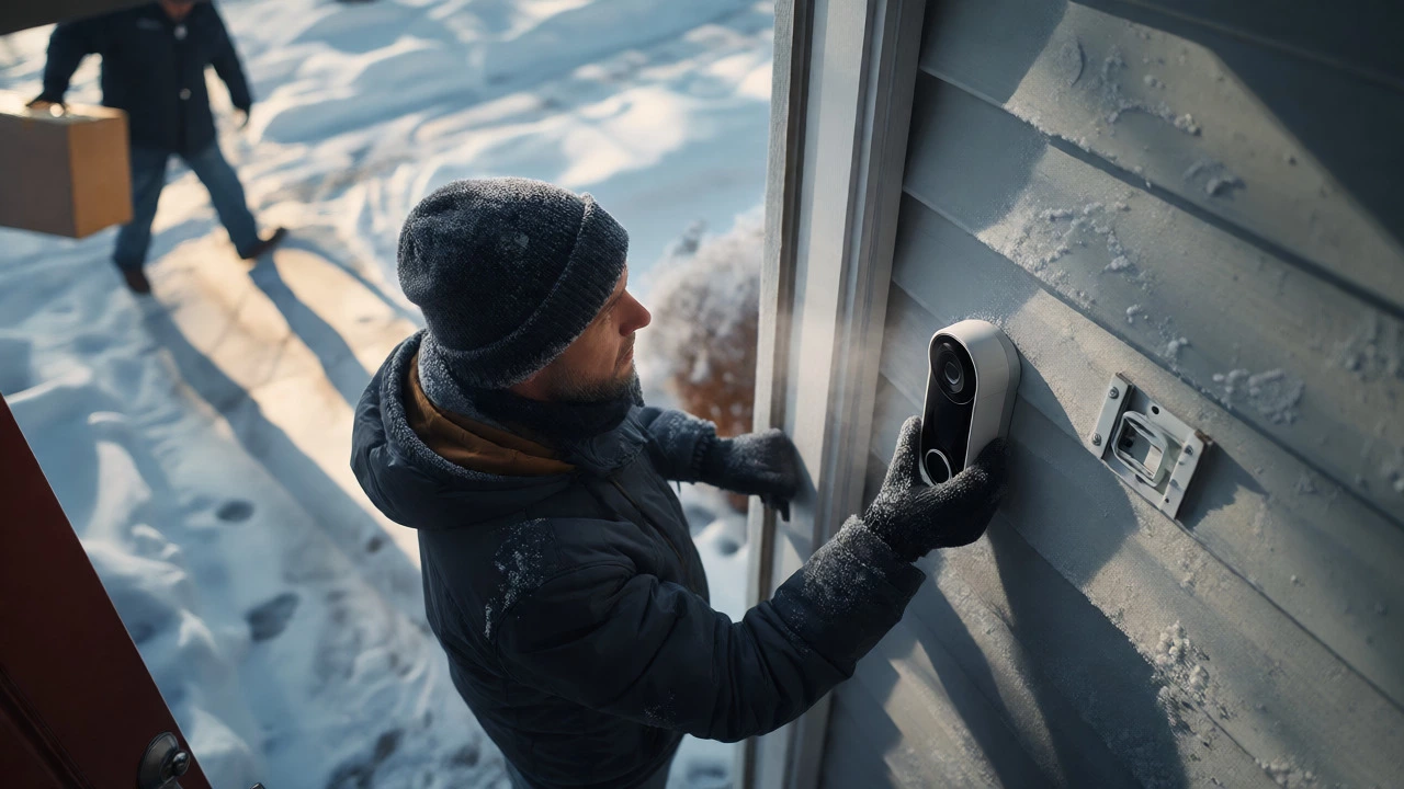 Homeowner removing a cold battery doorbell in snowy weather