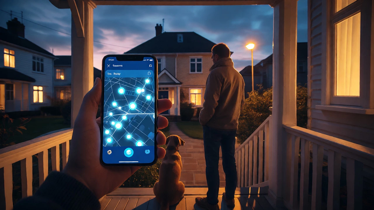 Homeowner uses phone app to track lost dog via neighbor camera network.
