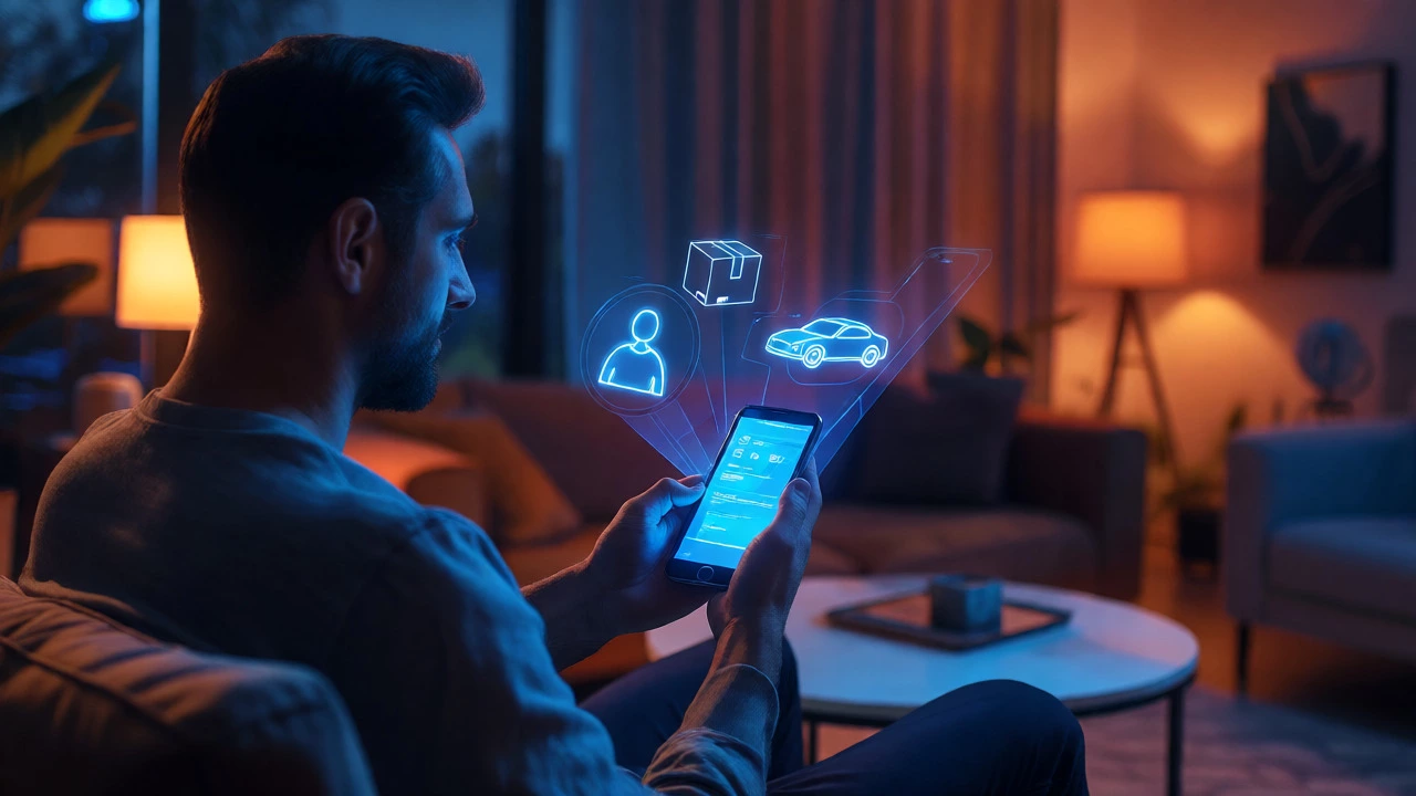 Homeowner using AI-powered security alerts on a smartphone at night.