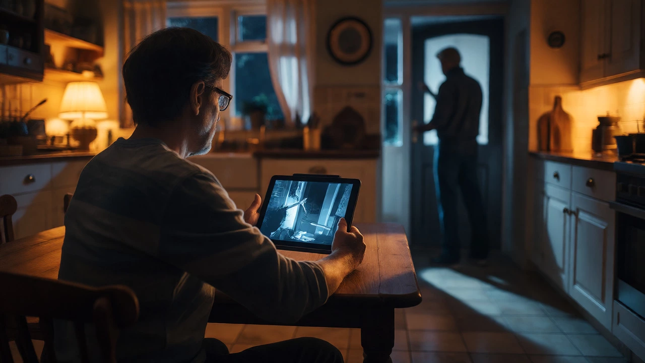 Homeowner viewing night-vision security footage on a tablet in a kitchen