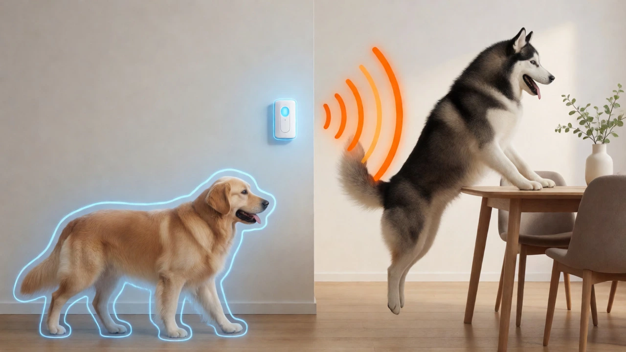 Illustration comparing pet sizes and motion sensor sensitivity levels