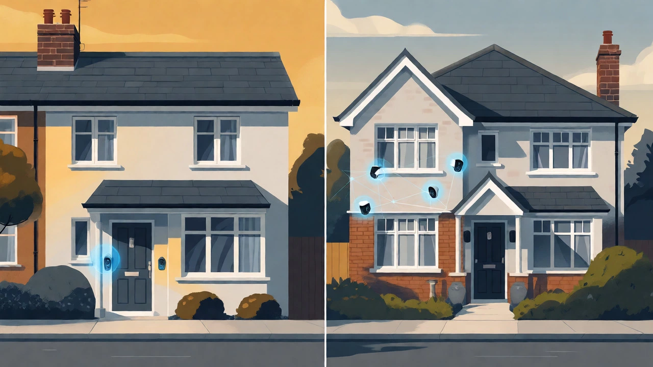 Illustration comparing single vs multi-device home security coverage.