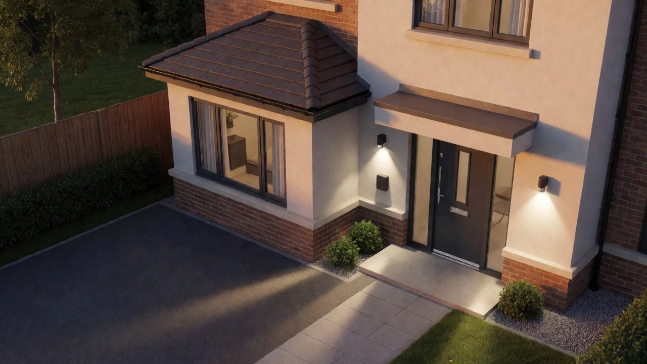 Modern home exterior featuring strong locks and motion sensor lights