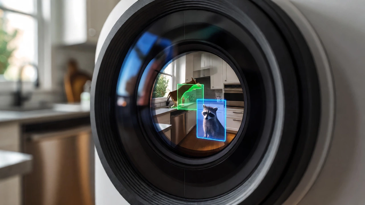 Ring camera lens reflecting AI detection boxes around a cat and raccoon.