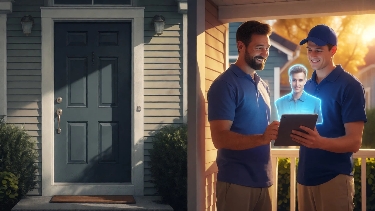 Split-screen comparison of a confusing porch visit versus clear recorded footage on a tablet.