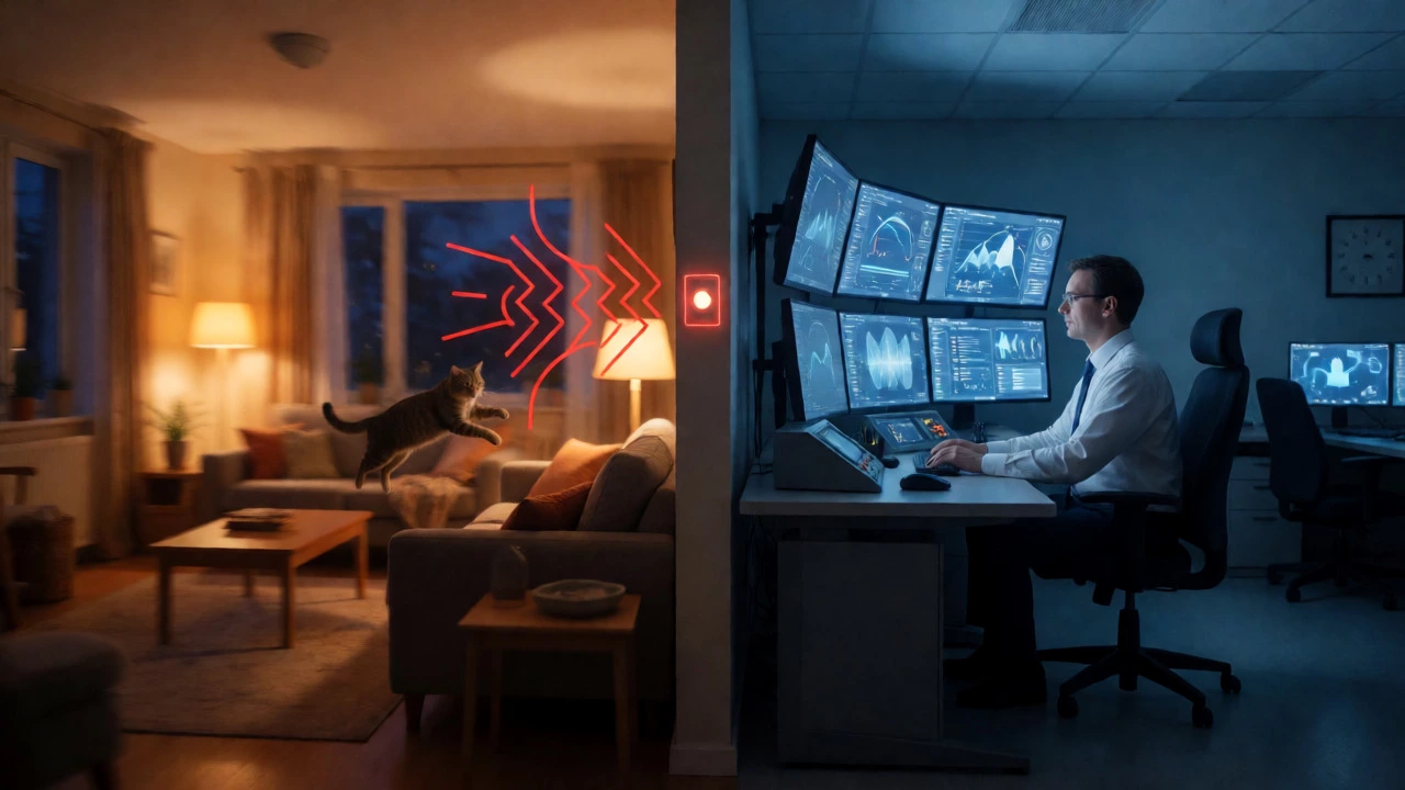 Split view of chaotic false alarm trigger vs calm monitored response center