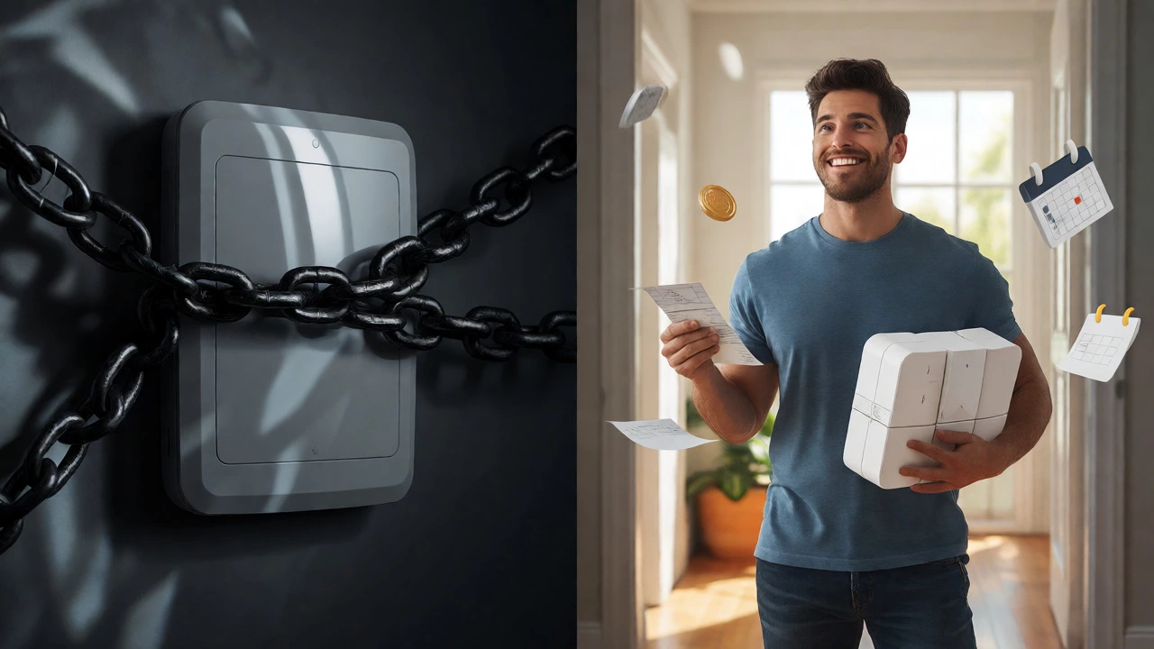 Split view showing restrictive contract chains versus flexible owned security equipment