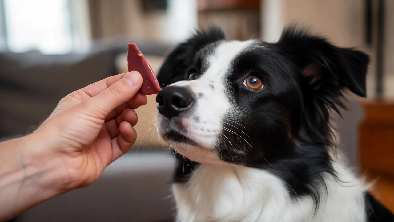 A Border Collie focuses intently on a treat held by its owner during training.