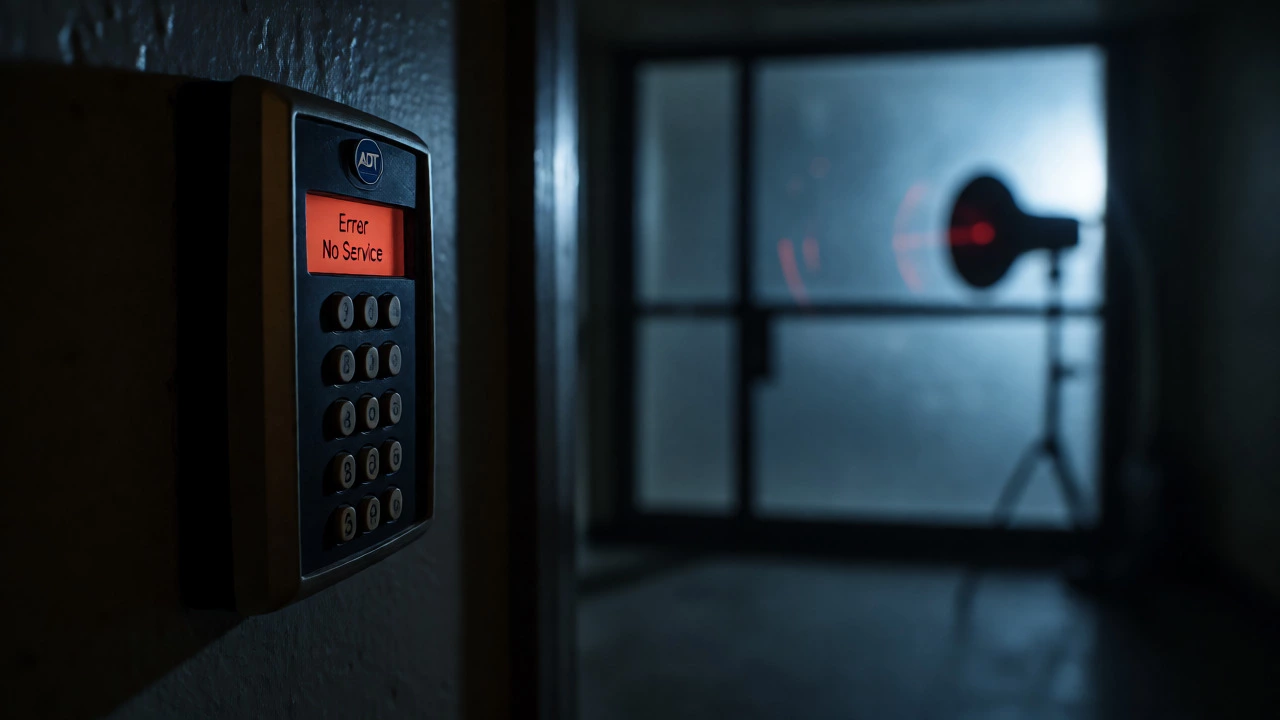 ADT keypad showing error status in a dark hallway at night