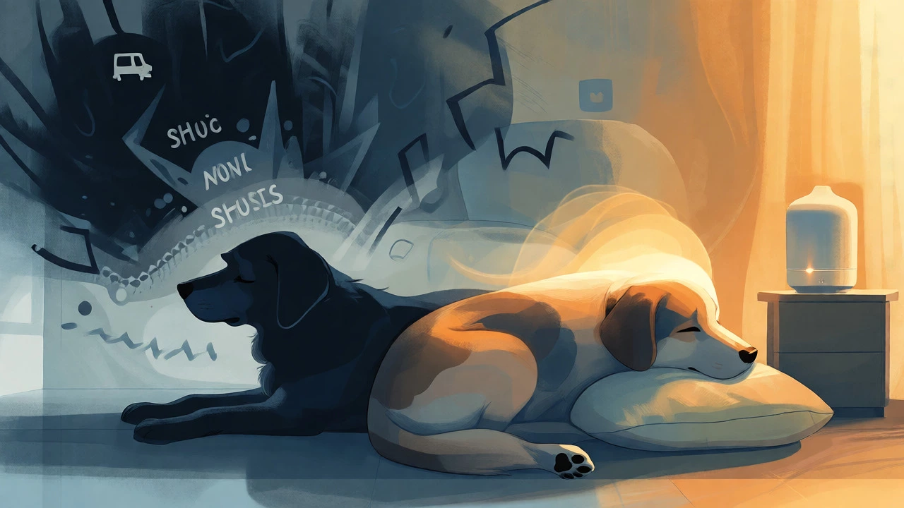 An artistic depiction contrasting chaotic noise triggers with a calm, soothed dog.