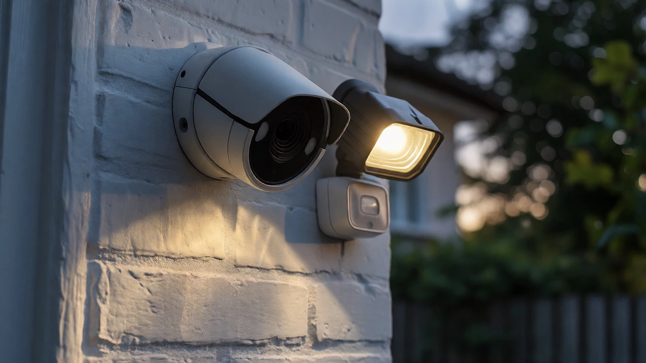 Close-up of CCTV camera and motion sensor light on a suburban house