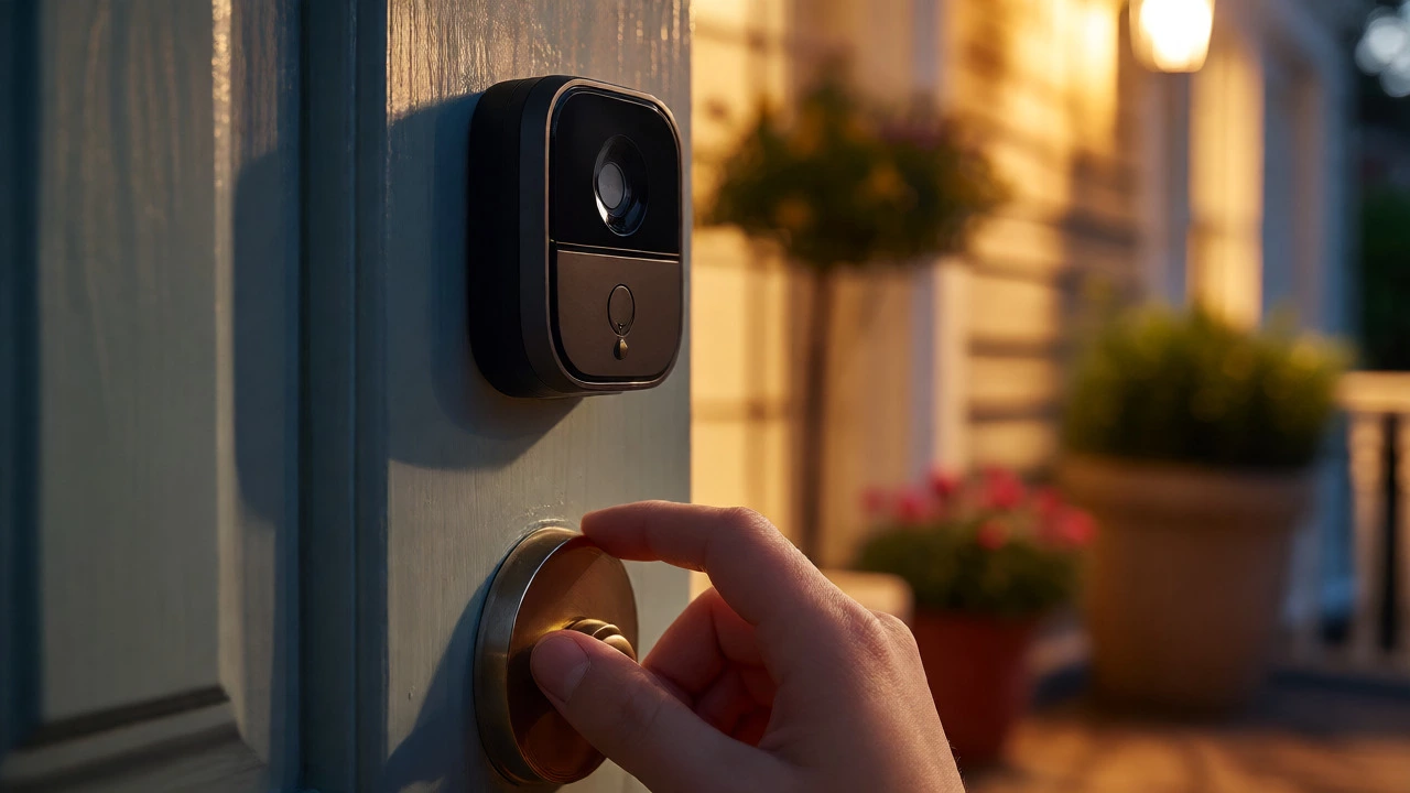 Close-up of smart doorbell and lock on a front door at dusk