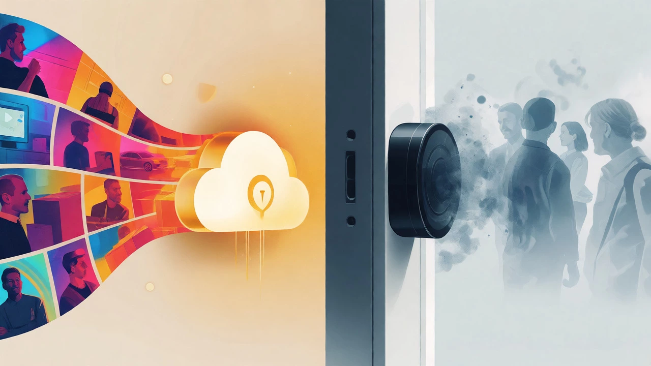 Conceptual art comparing saved cloud video clips versus fading unrecorded footage