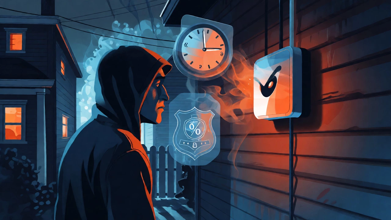 Conceptual art of a thief weighing the risks of a home alarm system