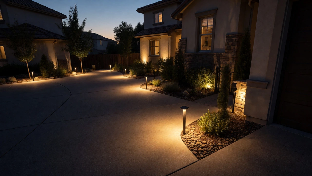Curved path with staggered warm LEDs guides a driveway
