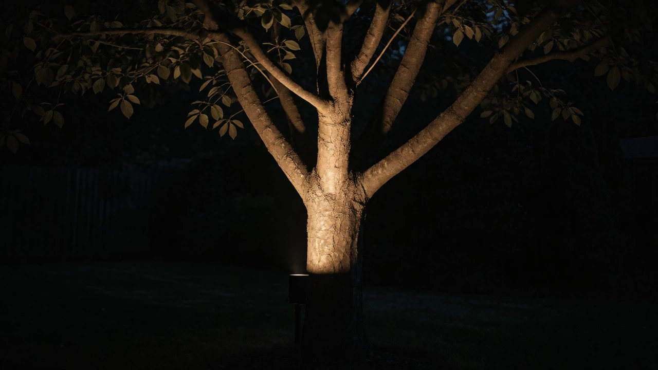 Focused uplighting highlights a tree trunk in a dark garden