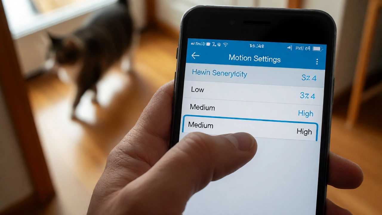 Hand adjusting Ring app motion sensitivity to Low while a cat walks in the background.