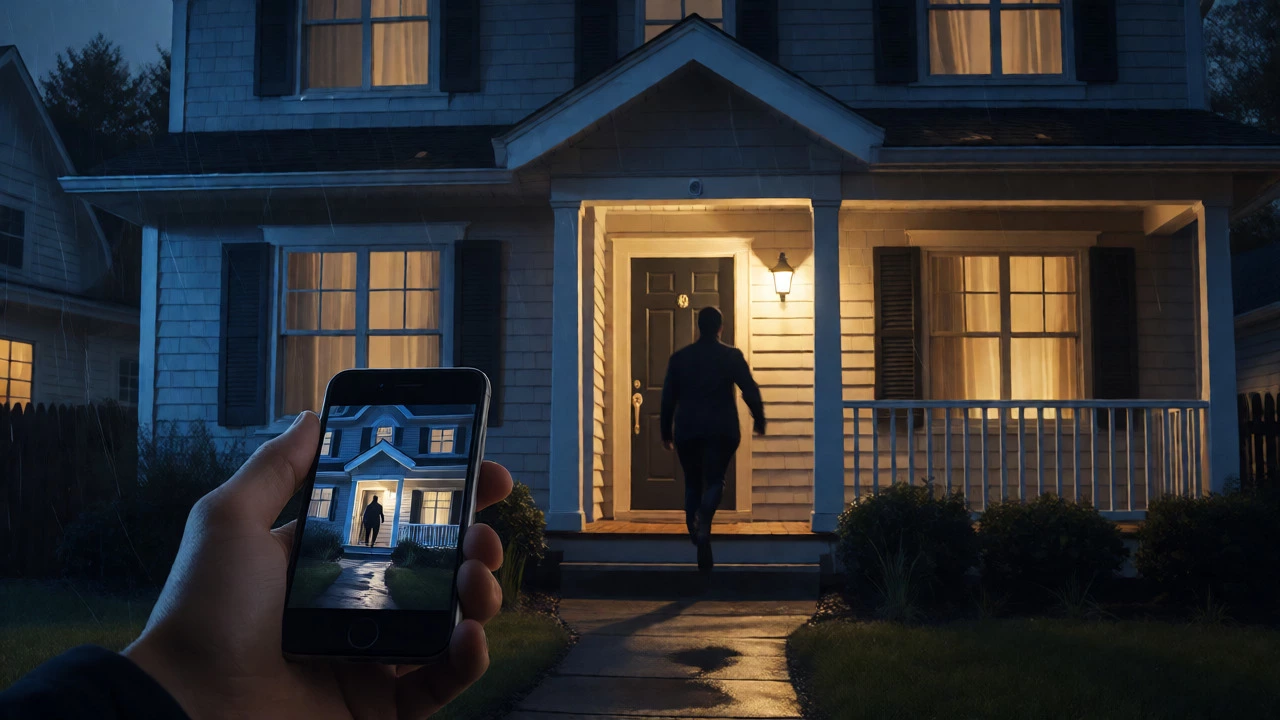 Homeowner checking live camera feed on phone as intruder flees at night
