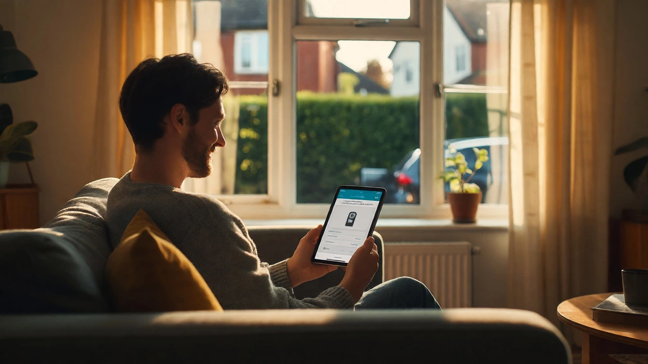 Homeowner relaxing in living room checking Ring app notification on tablet