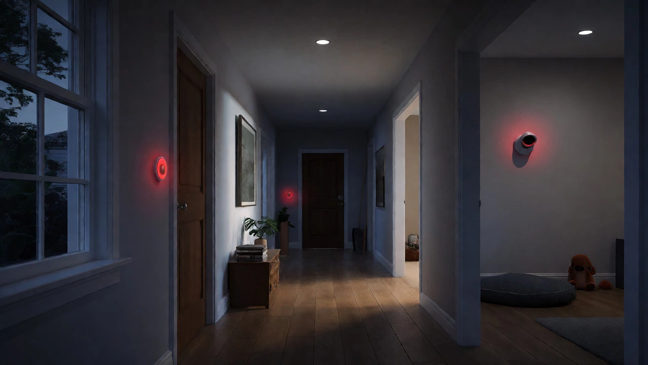 Nighttime view of a home hallway showing armed door sensors and an excluded pet room.