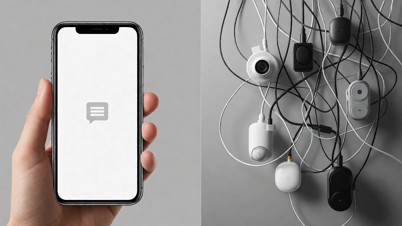 Split view of simple app interface versus disconnected smart devices