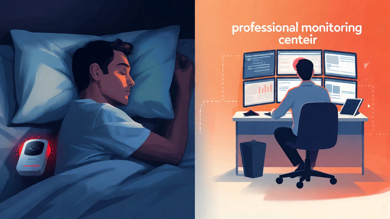 Split view of sleeping homeowner and disconnected monitoring center