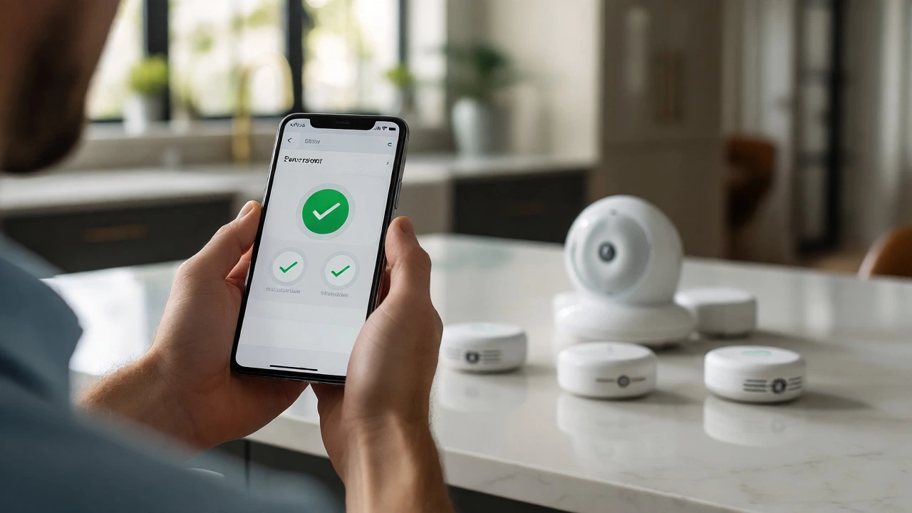 User checking sensor pairing status on smartphone near security devices