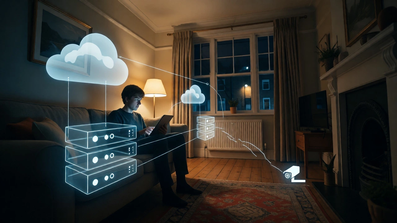 User on sofa with broken cloud connection hologram in living room