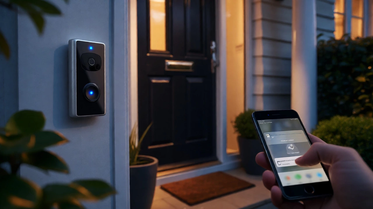 Video doorbell on UK home porch with phone alert