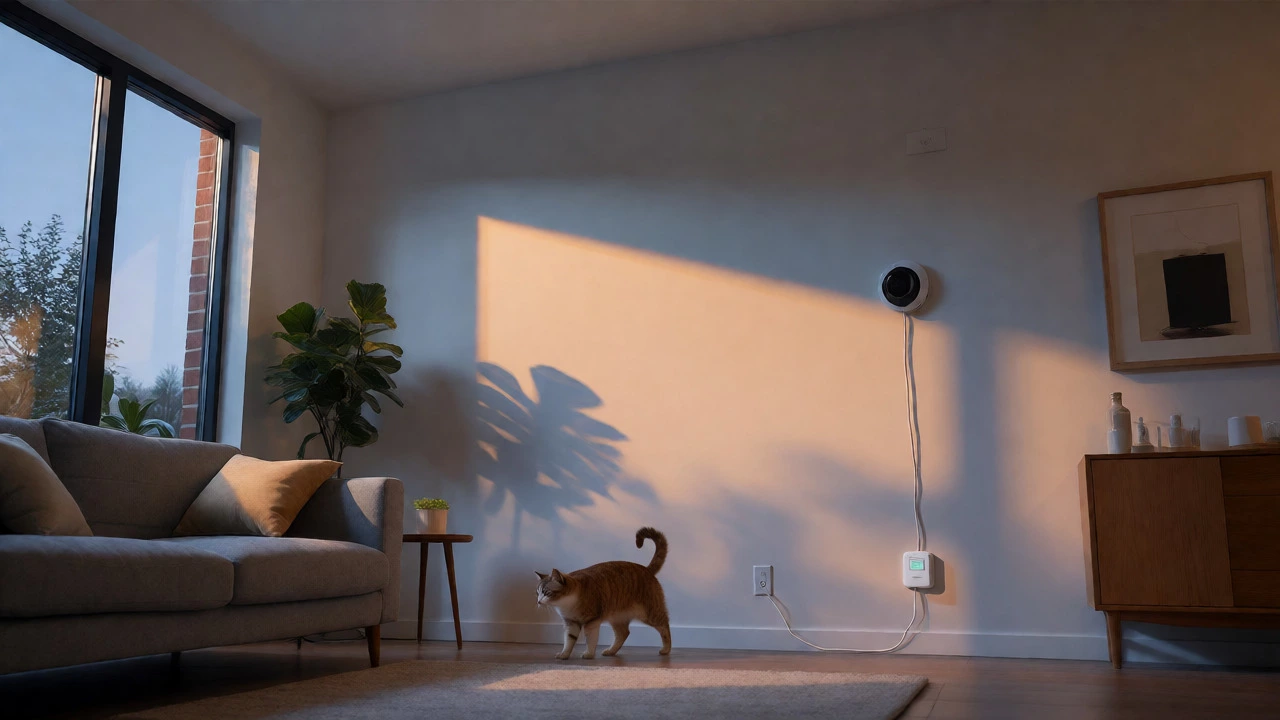 Wireless motion detector and hub installed in a living room